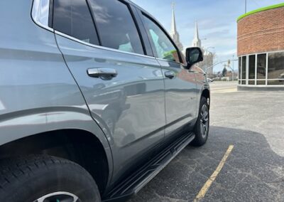 Side view of a car that was restored after an accident.